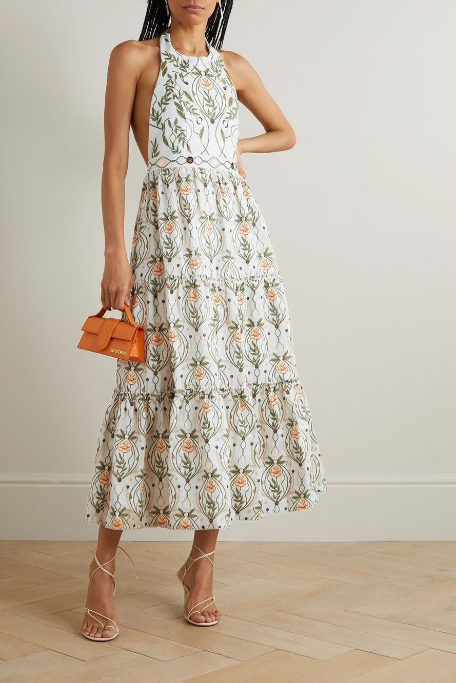 Agua by Agua Bendita Consuelo Lunar Floral Halter Midi Dress Linen Small